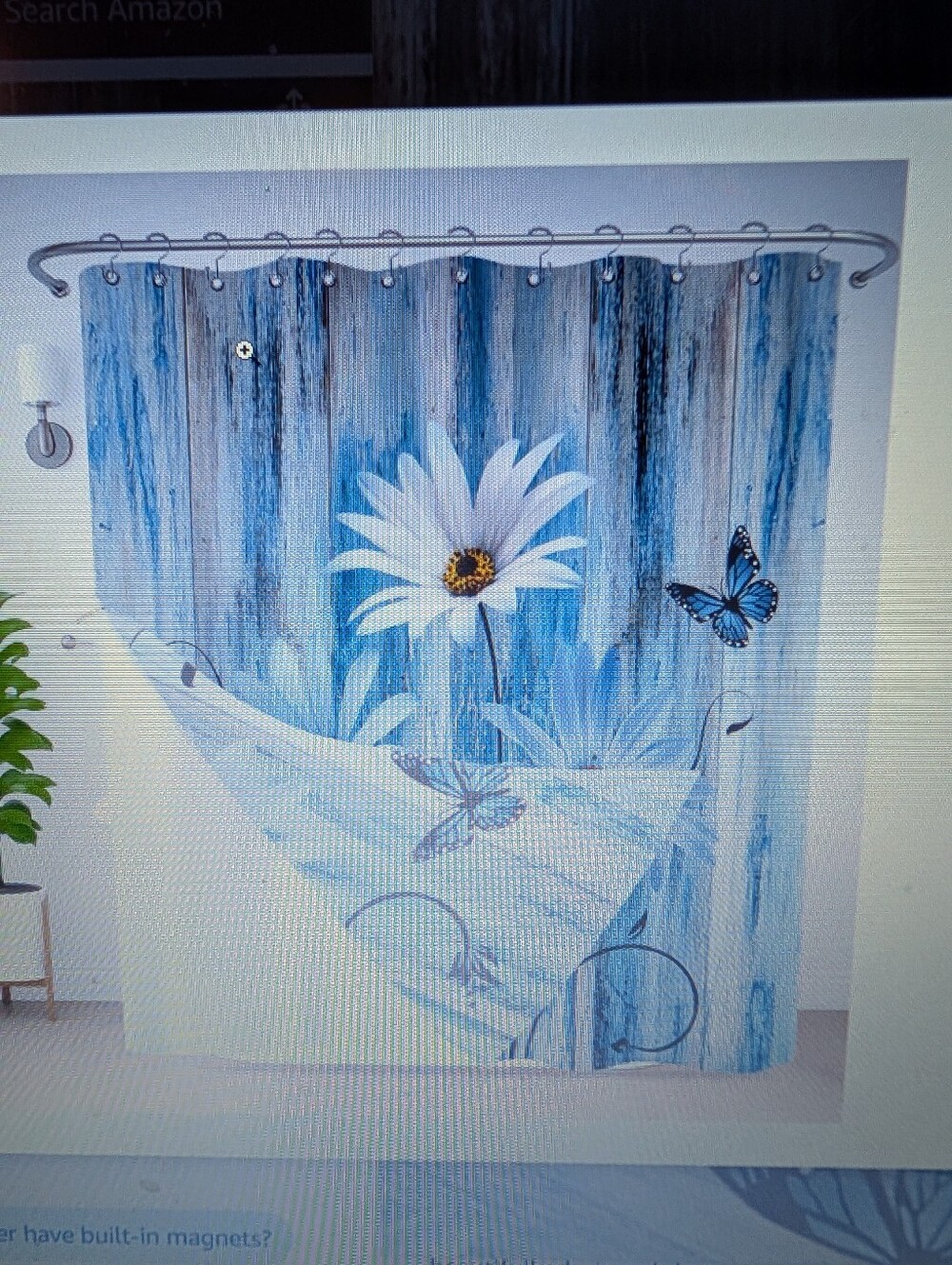 Blue Daisy & Butterfly Waterproof Shower Curtain by